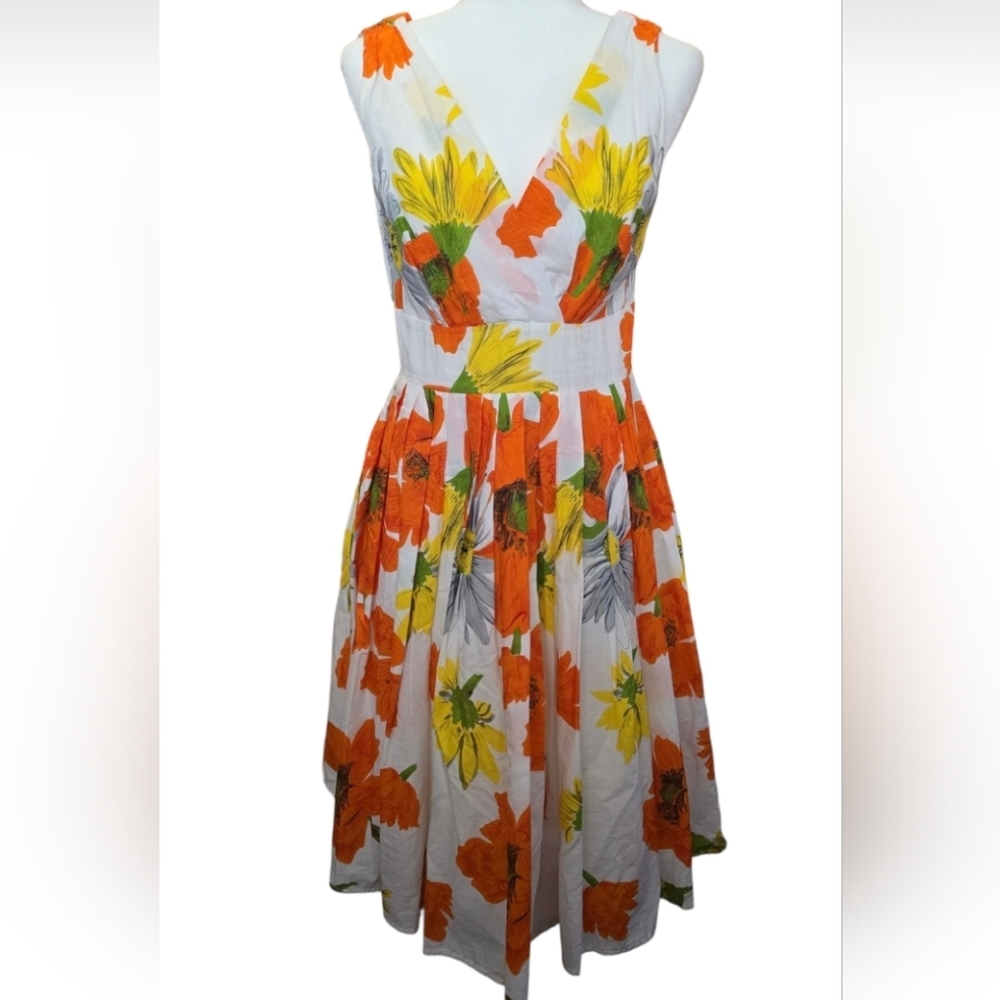 Aryeh Bright Orange & Yellow V-Neck Floral Fit And Flare Dress. Size Medium